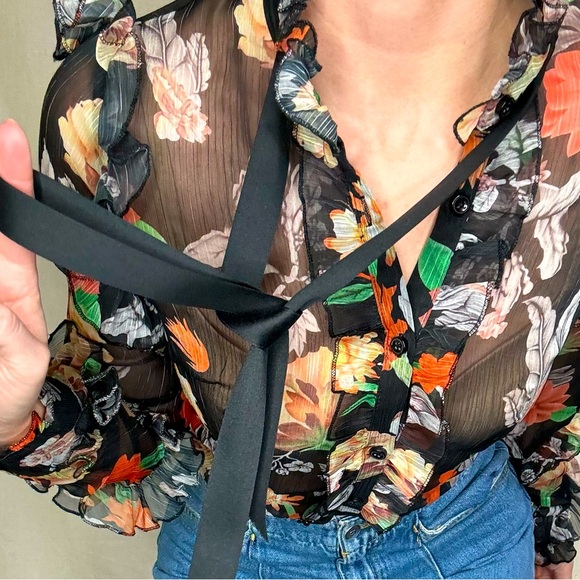Jade & Cloud Sheer Button up Floral, Ruffle Black Bodysuit,  Size Small - Picture 7 of 15